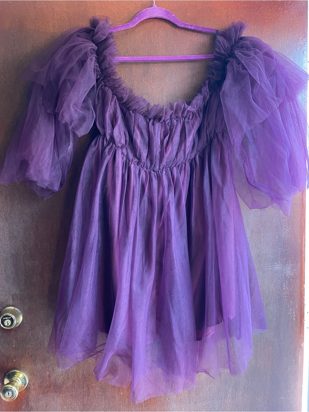 Playful Purple Tulle Puff-Sleeve Womens Party Dress